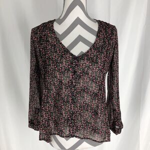 Kiva Top Womens Sm Black Floral Blouse Semi Sheer Button Up Pintuck V-Neck Woven